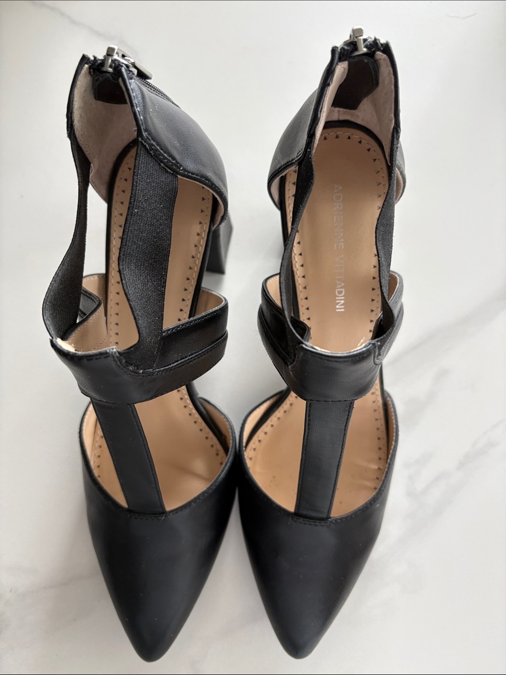 Adrienne Vittadini Black T-Strap Pointed Toe Heels